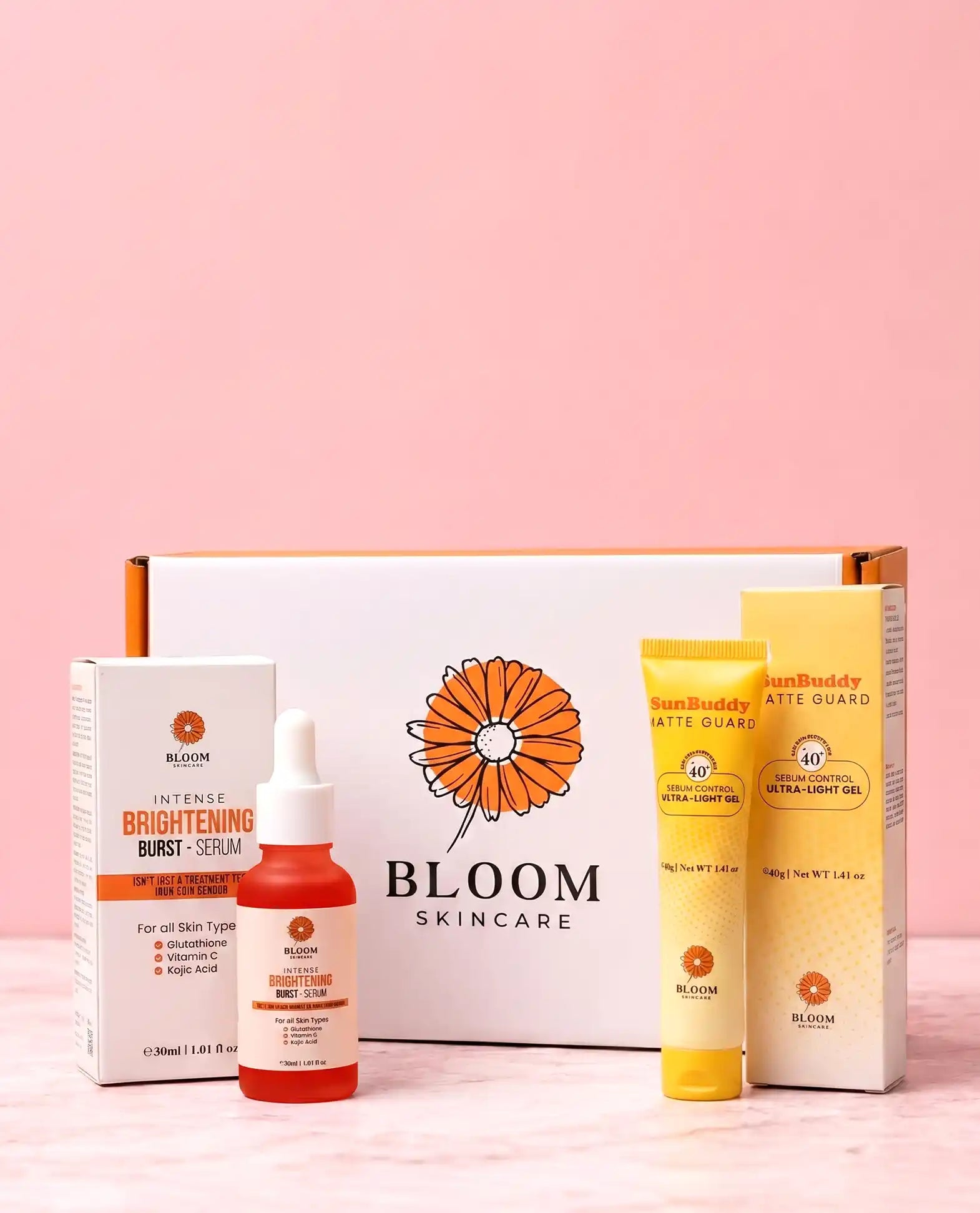 Bloom Skincare Dark Spot Defence Kit – glutathione kojic acid brightening serum & SPF40 matte sunscreen