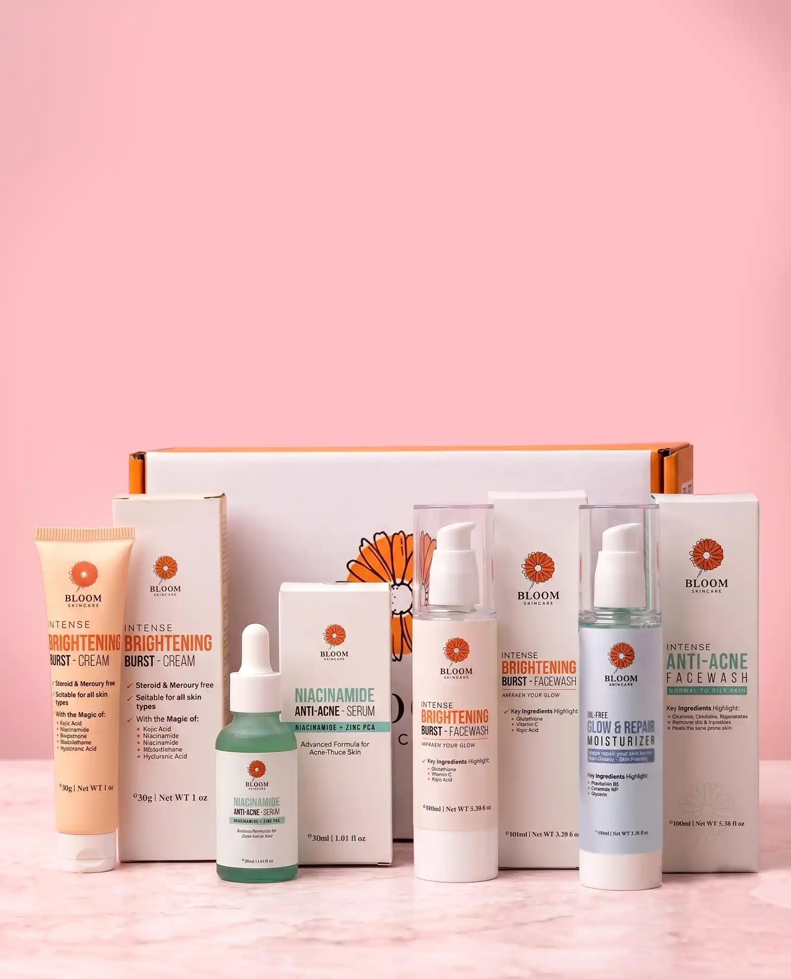 Bloom Skincare Dry Skin Bundle – niacinamide zinc serum, brightening cream, oil-free moisturizer & anti-acne facewash