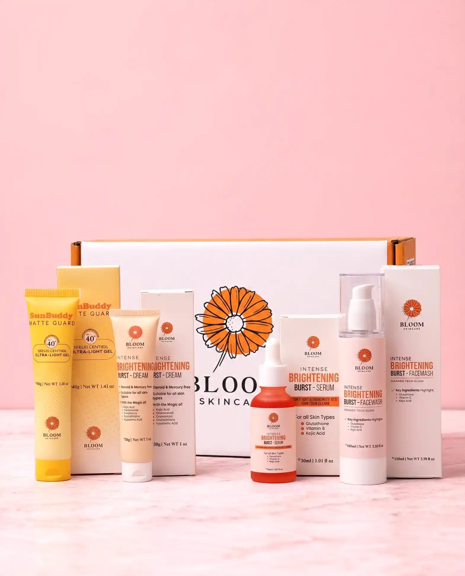 Bloom Skincare Skin Whitening Bundle – kojic acid brightening cream, glutathione serum, glow facewash & SPF40
